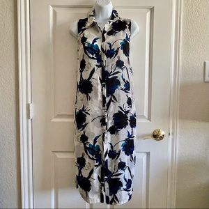Ivanka Trump flowing blue black grey & white floral sleeveless Duster Dress